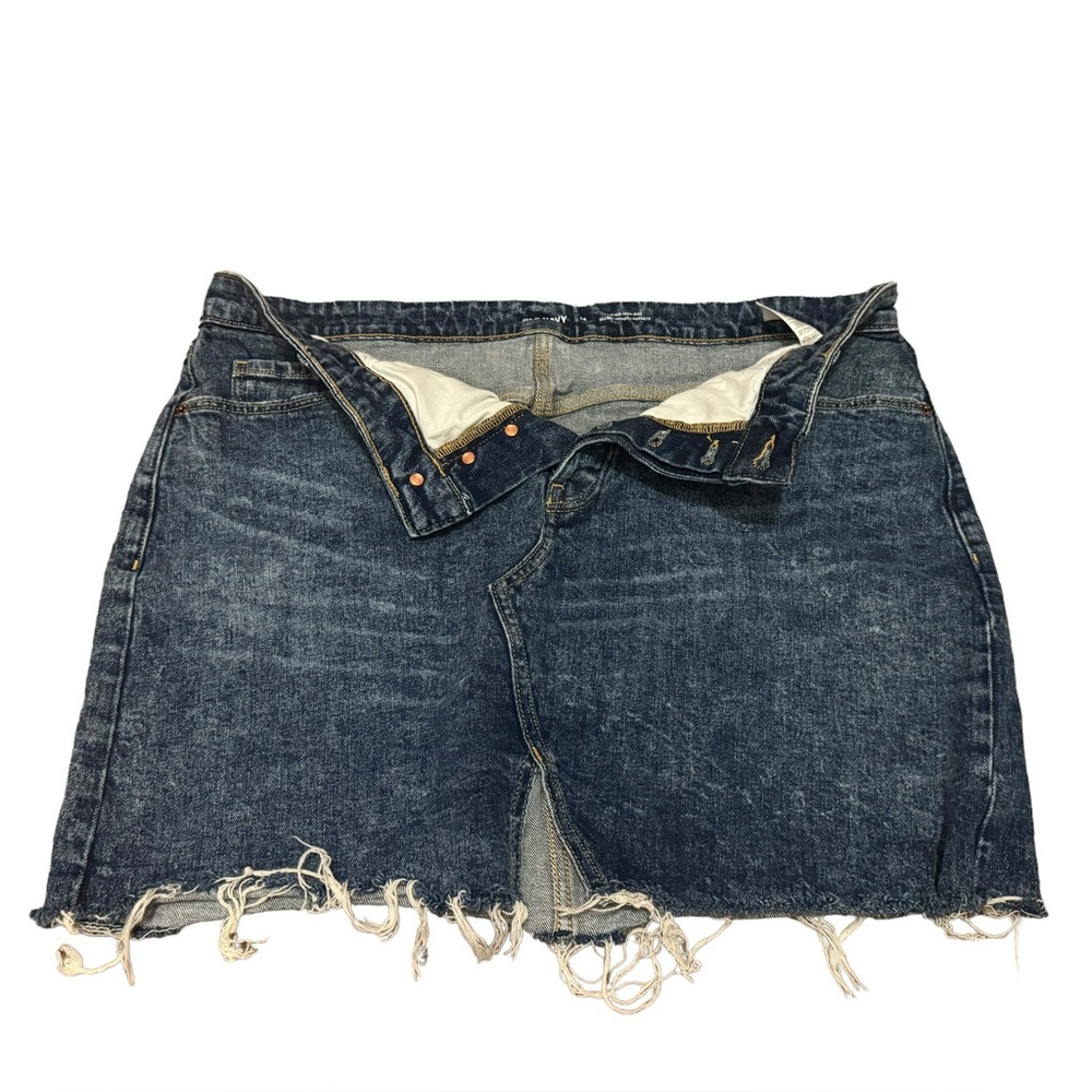 Old Navy Distressed Dark Acid Wash Denim Mini Skirt Button Fly Raw Hem Size 14